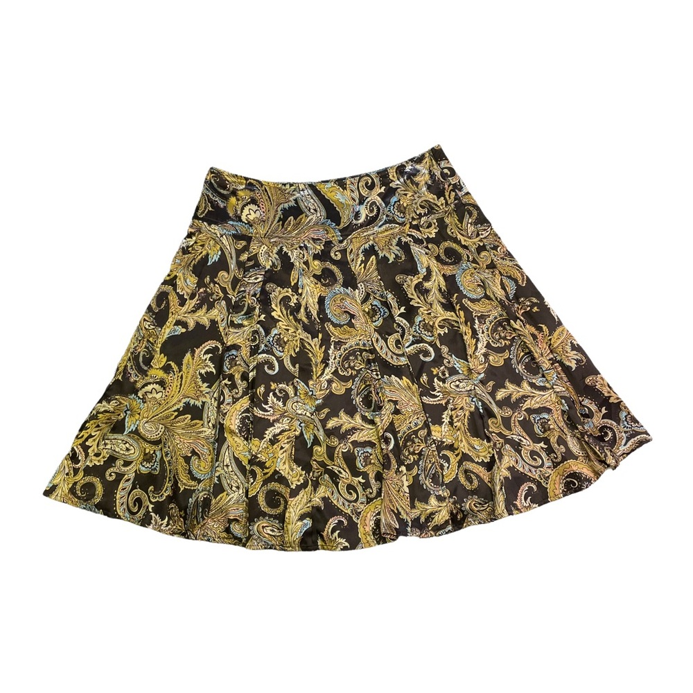 Worthington Black Gold Blue Silky Paisley Pleated Skirt 8